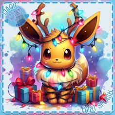 an animal with christmas lights on its head sitting next to presents and gifts in front of a blue background