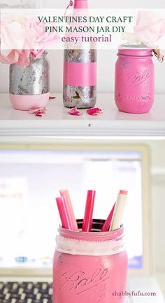 pink mason jar filled with pencils and paper