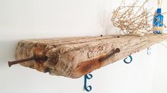 a piece of wood is hanging on a wall with hooks and some branches in the background