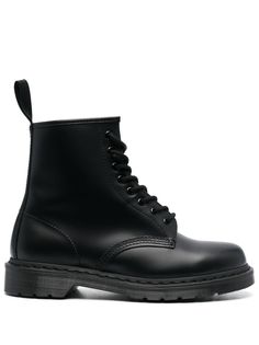 Black leather lace-up boots from Dr. Martens featuring a pull tab at the rear, a lace-up front fastening, a round toe and a flat rubber sole. Classic Lace-up Boots With Vibram Sole, Classic High-top Lace-up Boots, Lace-up Martin Boots With Leather Sole, Classic High-top Lace-up Boots With Rubber Sole, Classic Lace-up Combat Boots With Rubber Sole, Classic Black Lace-up Boots With Vibram Sole, Casual Leather Boots With Lace-up Fastening, Classic Ankle Lace-up Boots With Lug Sole, Classic Lace-up Ankle Boots With Lug Sole