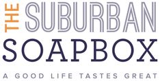 the suburban soapbox logo with an orange, blue and gray box on it's side