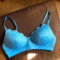 Blue Laced Lined With No Wire Vs Bra. Never Worn. Size 34 C Blue Lace Trim Bra For Spring, Cheap Victoria's Secret Blue Bra, Blue Padded Cup Bra By Victoria's Secret, Fitted Blue Bra With Lace Closure, Partially Lined Blue Victoria's Secret Bra, Victoria's Secret Stretch Blue Bra, Victoria's Secret Blue Underwire Bra, Vs Bras, Blue Lace