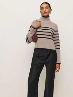 Layer up. Shop the Brooke Cashmere Cropped Turtleneck from Reformation, a cropped, turtleneck sweater with a flared sleeve and ribbing throughout. Cropped Turtleneck Sweater, Land Animals, Cropped Turtleneck, Recycled Cashmere, Fall Clothing, Cashmere Blend Sweater, Fall Essentials, New Tops, Sweater Knit