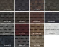 different types of roofing shingles in various colors and sizes, including brown, gray,