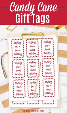 candy cane gift tags on a clipboard with text overlay