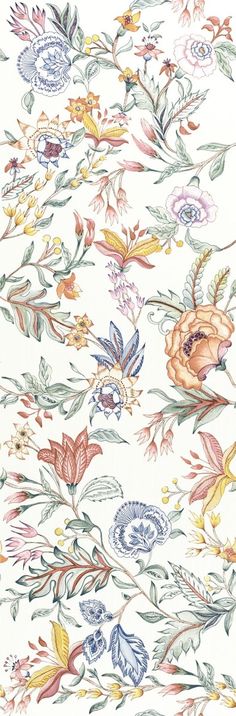 an artistic floral pattern with many different colors and designs on white fabric, as well as flowers