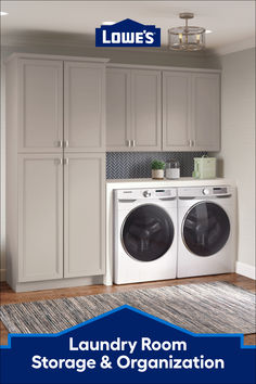 laundry room storage and organization with white cabinets