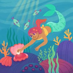 a painting of a mermaid swimming in the ocean with fish and corals around her