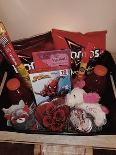 a basket filled with various items on top of a table