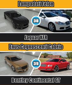 four different types of cars are shown in the same color and size, each with their own name