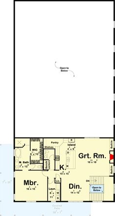 the first floor plan for a house with an attached garage and living room, as well as