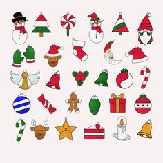 a collection of christmas themed items on a white background, including santa hats, stockings and candy canes