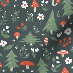 an image of a pattern with mushrooms and flowers on grey background for fabric or wallpaper