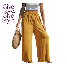 in stock Brown Bottoms With Elastic Waistband For Day Out, Chic Beach Pants For Fall, Brown Bottoms For Fall Vacation, Non-stretch Brown Pants For Beach, Brown Relaxed Fit Bottoms For Day Out, Relaxed Fit Brown Bottoms For Day Out, Brown Pants For Spring Day Out, Trendy Brown Summer Pants, Spring Beach Brown Wide Leg Pants