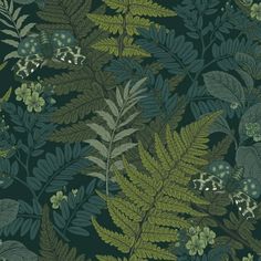 a green and blue wallpaper with leaves, flowers and plants on it's sides