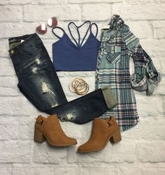 There She Goes Tank Top: Blue #summer #summerfashion Momma Outfits, Flannel Outfit, Flannel Outfits, Camo Dress, Camo Outfits, Adorable Outfits, Camo Fashion, Causal Outfits, Flannel Tops