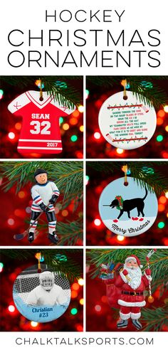 christmas ornament designs for hockey players and their dogs, with the text hockey christmas ornaments