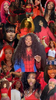 a collage of black women with different colored hair and red clothing, all wearing head coverings