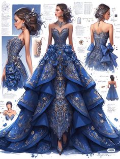 Dark Blue Gown, Blue Gowns, Fantasy Clothes, Quince Ideas, Art Costume, Dark Blue Dress, Fashion Sketches Dresses, Fashion Drawing Dresses