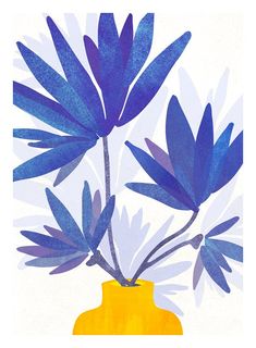 a blue plant in a yellow vase on a white background with watercolor effect applied to it