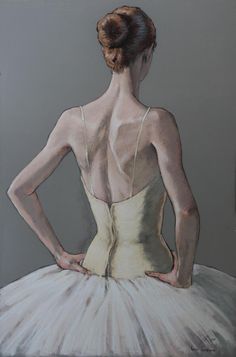 a drawing of a woman in a white dress with her back turned to the camera