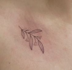 a woman's chest with an olive branch tattoo on her left side ribcage