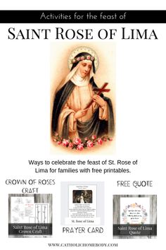 the saint rose of lima card and its accompanying booklet are shown in this image with text