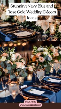 Navy blue and rose gold wedding décor featuring elegant table settings, beautiful flower arrangements, and stylish centerpieces for a chic celebration. Rose Gold And Navy Blue Wedding Centerpieces, Navy Blue Tablescape Wedding, Navy And Rose Gold Table Setting, Navy Blue And Rose Gold And Black Wedding, Dusty Rose Gold And Navy Blue Wedding Theme, Navy Blush Gold Wedding Centerpieces, Navy Blue Dusty Rose And Gold Wedding, Rose Gold And Navy Centerpieces, Navy Blue Rose Gold Champagne Wedding