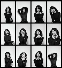 nine black and white photos of women posing in different poses with their hands on their chins