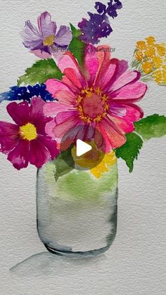 a watercolor painting of flowers in a vase