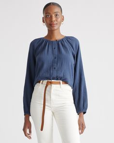 A polished take on boho style, our 100% Organic Cotton Gauze Peasant Blouse is a warm-weather must. Made from incredibly soft and breathable organic cotton, this lightweight gauze blouse keeps you cool and comfortable throughout the day. With its chic boatneck and billowy sleeves, this effortless style is the wardrobe upgrade you've been looking for.  | Quince | Women's Gauze Peasant Blouse in Indigo Blue, Size XS, Organic Cotton Quince Blue, Silk Pajamas Shorts, Silk Pajama Pants, Gauze Blouse, Silk Tee, Cashmere Wrap, Chic Blouses, Peasant Blouse, Long Blouse