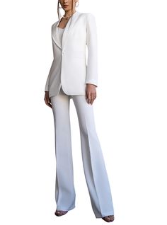 Please, pay special attention to waist measurements, as the pants are high waisted, the for will be perfect only for the recommended measurements below 2-piece Womens Blazer Trouser Suit for office, business meetings, formal events and special occasions. Also perfectly combines with sneakers so after a long and tiring business day you can change you heels to sneakers and still look chic. DETAILS -  flared pants -  inseam 37,4 inches or 95 cm -  slim fit   -  high rise -  blazer is buttoned -  li Elegant Formal Set With High-waisted Pants, Chic Full-length Wedding Bottoms, Chic Full Length Wedding Bottoms, Elegant High Waist Workwear Sets, Elegant High-waist Workwear Sets, Classic Wedding Bottoms For Spring, Classic Spring Wedding Bottoms, Tailored Bottoms For Spring Wedding, Elegant Dress Pants For Wedding