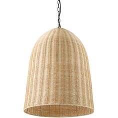 a hanging light made out of wicker on a white background with a black chain