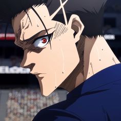 an anime character with red eyes staring into the distance in front of a stadium full of people