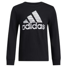 Give his wardrobe a sporty refresh with this boys' adidas logo graphic long sleeve tee. Give his wardrobe a sporty refresh with this boys' adidas logo graphic long sleeve tee. Click on this KIDS APPAREL & SHOES GUIDE to find the perfect fit and more! FEATURES Crewneck Long sleeves Graphic on chest Jersey knit constructionFABRIC & CARE Cotton Machine wash Imported Size: 4. Color: Black. Gender: male. Pattern: camo. Sporty Long Sleeve T-shirt With Logo Print, Long Sleeve Activewear With Logo Print For Streetwear, Sporty Long Sleeve Activewear With Logo For Streetwear, Sports Activewear With Graphic Print And Long Sleeves, Long Sleeve Sports Activewear With Graphic Print, Long Sleeve Graphic Print Activewear For Sports, Black Long Sleeve Adidas Activewear, Adidas Logo Long Sleeve Activewear For Sports, Adidas Long Sleeve Activewear For Sports