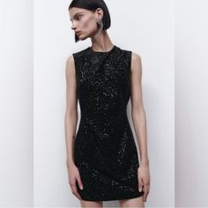 Zara Luxury Holiday Sequin Little Black Cocktail Party Dress -Your Perfect Little Black Dress You Can Wear Every Season To Almost Every Occasion, Dress It Up Or Down, Layer It With A Tuxedo Jacket, Double Breasted Jacket With Gold Created Buttons Or A Leather Biker/Moto Jacket -I Love This Dress, I Have It And Have Worn It In All Of Those Styles, I Want To Reach For It Every Time I Go Out, Cocktail Party, Wedding, Holiday Party, And It’s So Comfortable, I Can Dance In It All Night -Sleeveless Mi Black Sequins Dress, Short Sequin Dress, Black Cocktail Party Dress, Black Sequin Shorts, Zara Printed Dress, Sequin Short Dress, Little Black Cocktail Dress, Sequin Dress Short, Sequin Sheath Dress