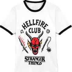 New (Without Tags) Hellfire Club Ringer Tee Adult Small Flawless Condition 100% Cotton 18” Across Chest 18” Armpit To Waist Never Worn, Never Laundered Smoke Free Home Stranger Things Hellfire Club T-Shirt - Join The Hellfire Club In Your Very Own Society T-Shirt As Seen In The Stranger Things Tv Series. It Is A Must-Have Gift For The Stranger Things Fan In Your Life! Hawkins High School, Stranger Things Hellfire Club, The Hellfire Club, Stranger Things Hellfire, Stranger Things Tv Series, Stranger Things Merchandise, Stranger Things Tshirt, Hellfire Club, Stranger Things Tv