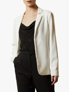 A contemporary update to everyday dressing, the Kayete blazer from Ted Baker layers over any look for instant style. Designed in a long line fit, this stylish piece adds understated glamour to every ensemble. Ted Baker Coat Outfit, Semi-formal White Blazer With Welt Pockets, Ted Baker Jacket, Tailored White Single-breasted Blazer, Elegant Single-breasted Jacquard Blazer, Understated Glamour, Women's Coats