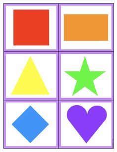 four squares with different shapes and colors in the middle one has a heart, star, and two hearts