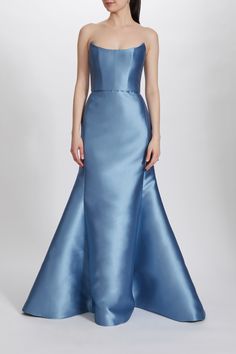 Mikado pointed bodice fit-to-flare gown. Styled with matching cocoon - P366M. Shown in Smokey Blue. Tool Dress, Amsale Bridesmaid Dresses, Amsale Bridesmaid, Amsale Dress, Smoky Blue, Flare Gown, Thai Silk, Dress 2015, Chiffon Midi Dress