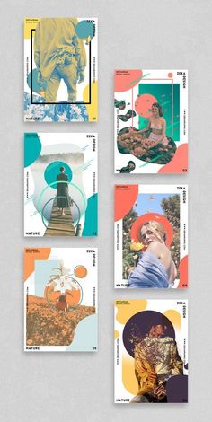 four postcards with an image of people in different colors and shapes, all on one page