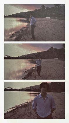 three different shots of a man standing on the beach