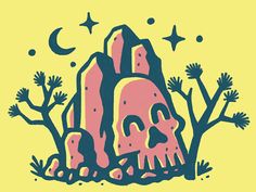 a drawing of a rock formation with trees and stars in the sky above it, on a yellow background