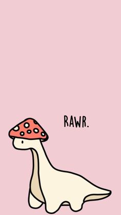 a cartoon dinosaur with a mushroom on it's head, standing in front of a pink background