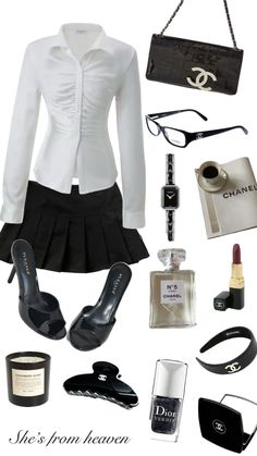 a woman's outfit and accessories including shoes, sunglasses, lipstick, perfume bottle and purse