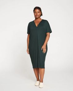 Teresa Liquid Jersey V—Neck Dress - Forest Green | Universal Standard Relaxed Fit V-neck Midi Dress, V-neck Relaxed Fit Dress For Daywear, Relaxed Fit V-neck Dresses For Daywear, Relaxed Fit V-neck Dress For Work, Chic Green Relaxed Fit Dress, Relaxed Fit V-neck Midi Dress For Daywear, Green V-neck Relaxed Fit Midi Dress, Green V-neck Midi Dress With Relaxed Fit, Green Relaxed Fit V-neck Midi Dress