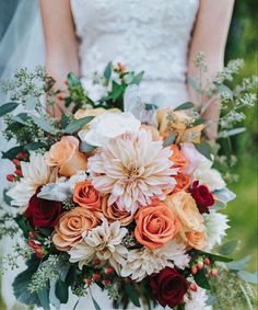 a bride holding a bouquet of flowers in her hands