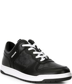 From COACH&#x2C; the Men's C201 Signature Coated Canvas Leather Sneakers feature:Signature coated canvas and leather upperLace-up closureFabric lining and footbedRubber outsoleImported. Coach Leather Sneakers, Classic Low-top Sneakers With Leather Trim, Coach Black Leather Sneakers, Black Leather Coach Sneakers, Classic Sneakers With Leather Trim And Round Toe, Classic Sneakers With Leather Trim, Coach Men, Canvas Sneakers, Canvas Leather