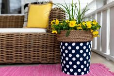 a potted plant sitting on top of a pink rug next to a wicker couch