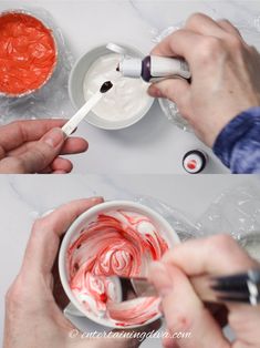 two photos of hands painting the inside of a bowl with red and white swirled paint